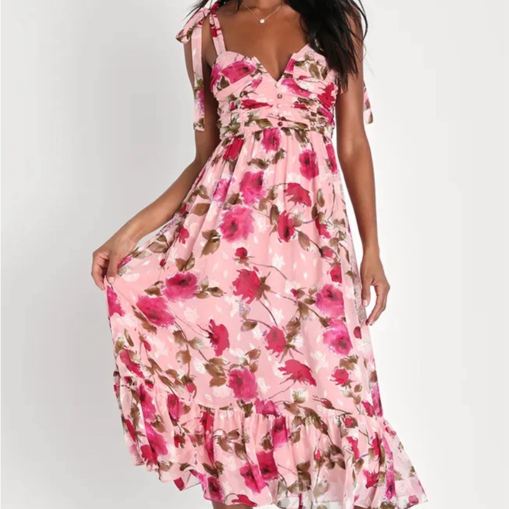 Lush Loveliness Pink Floral Jacquard Tie-strap midi dress